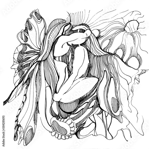A man and a woman embrace.Graphics on a white background. Love.Happiness.Relationships. Sex.Graphic black and white drawing. Hatching and calligraphy line. Psychedelic surrealism.Associative illustrat