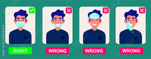 How to wear medical face mask properly. Instruction for personal hygiene during coronavirus. boy characters wearing right and wrong way of surgical mask or face covering. 