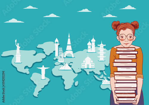Young girl with many books in front of world map with famous landmarks. Back to school vector concept