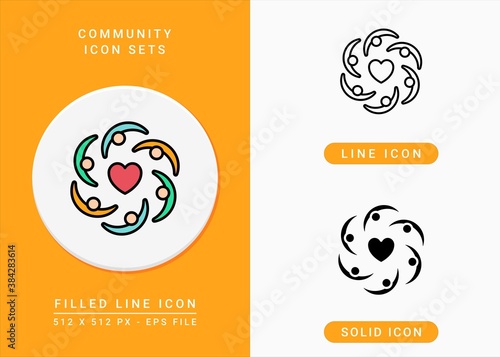Community icons set vector illustration with solid icon line style. Unity support concept. Editable stroke icon on isolated background for web design, infographic and UI mobile app.