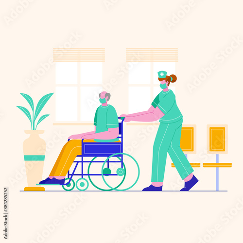 The nurse is pushing the patient's wheelchair. Complete health facilities in the hospital.