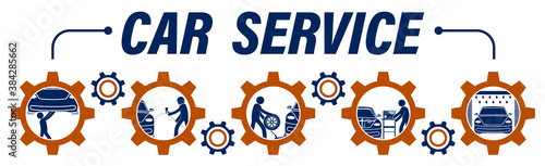 stick man, repairman repairs car in workshop. Maintenance of technical condition of machine, inspection before sale. Painting, tire and oil change, diagnostics, car wash. Vector infographics