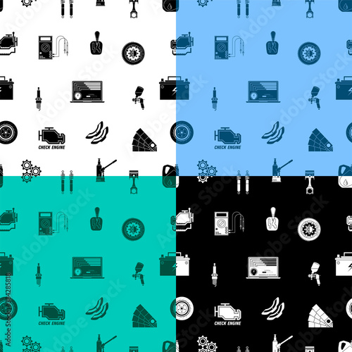seamless pattern for car repair service. Digital multimeter, tester, tires, paint, spark plug, engine, brake disc. Car battery charge measurement. Pattern for web banner