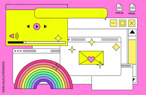 Collage of user interface elements, UI and UX theme. Trendy cover in vaporwave 80's-90's style, retrowave aesthetics.