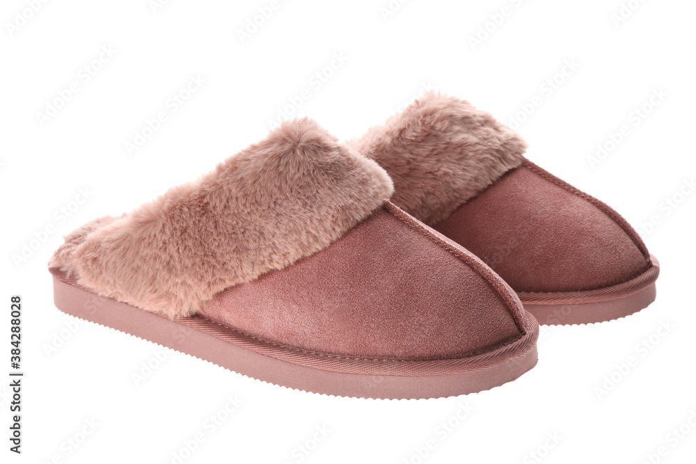 Pair of stylish soft slippers on white background Pair of stylish soft slippers on white background