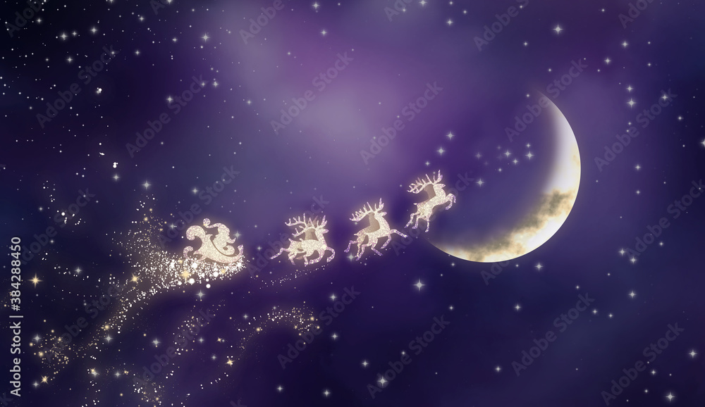 Magic Christmas eve. Santa with reindeers flying in sky at night Magic Christmas eve. Santa with reindeers flying in sky at night