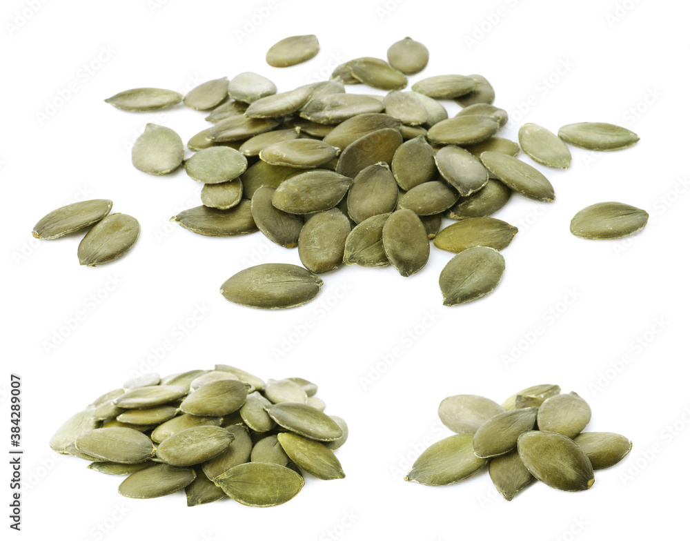 Set of pumpkin seeds on white background Set of pumpkin seeds on white background