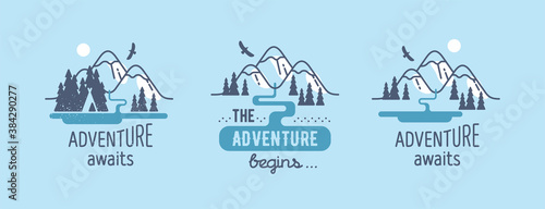 Adventure awaits. Elements for greeting cards, posters and t-shirts printing. Vector illustration.	