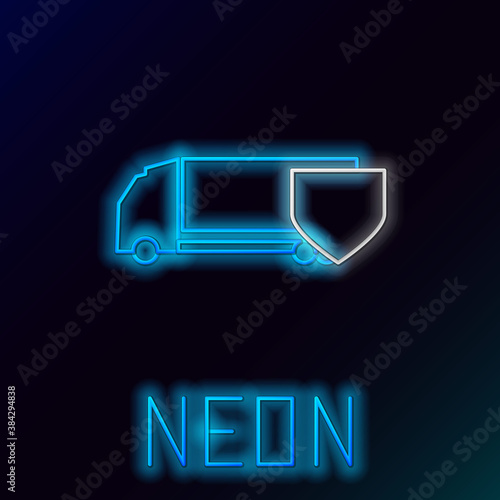 Glowing neon line Delivery cargo truck with shield icon isolated on black background. Insurance concept. Security, safety, protection, protect concept. Colorful outline concept. Vector.