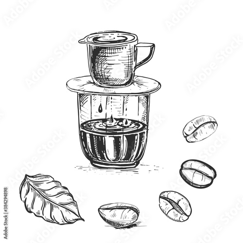 Hand drawn sketch black and white set of coffee beans with vietnam coffee dripper. Vector illustration. Elements in graphic style label, card, sticker, menu, package. Engraved style illustration.
