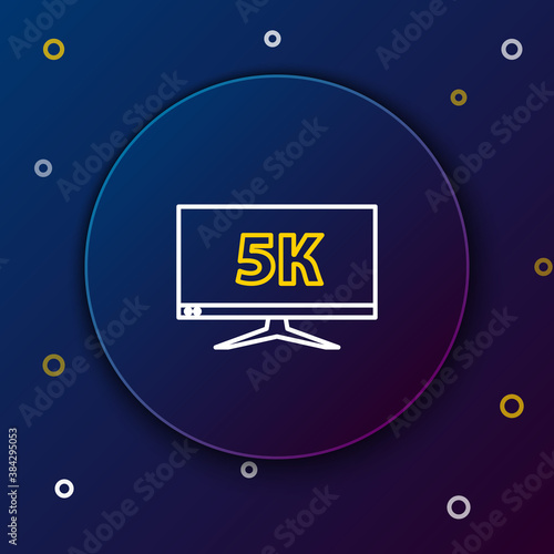 Line Computer PC monitor display with 5k video technology icon isolated on blue background. Colorful outline concept. Vector.