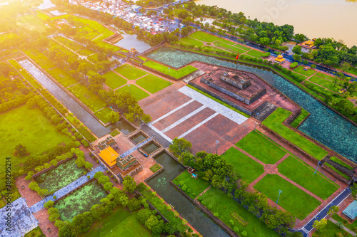 Aerial view of the Hue Citadel in Vietnam. Imperial Palace moat ,Emperor palace complex, Hue city, Vietnam.