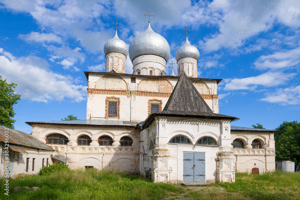 Ancient Znamensky Cathedral on a sunny July day. Veliky Novgorod, Russia