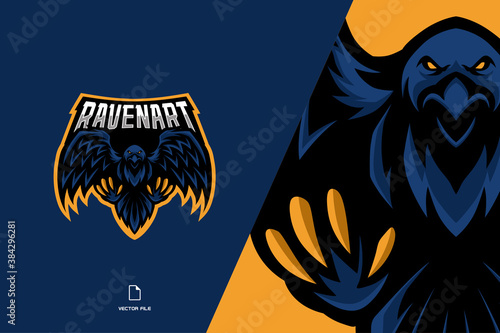 blue raven crow mascot sport game team logo illustration