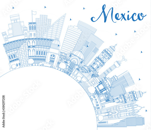 Outline Mexico City Skyline with Blue Buildings and Copy Space.