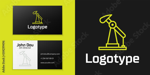 Logotype line Oil pump or pump jack icon isolated on black background. Oil rig. Logo design template element. Vector Illustration.