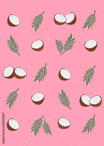 Fresh coconut and palm leaves pattern  on pink background