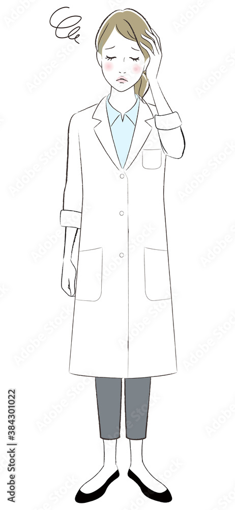 A doctor woman wearing lab coat having headache. A doctor woman wearing lab coat having headache.