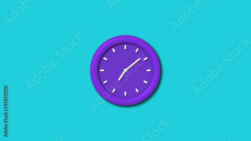 Purple color 12 hours 3d wall clock isolated on cyan background,wall clock