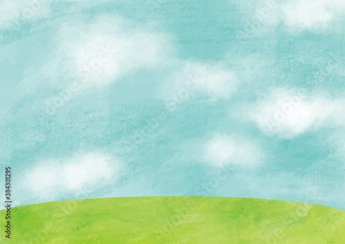 手描きの青空の風景画イラスト背景素材：横型