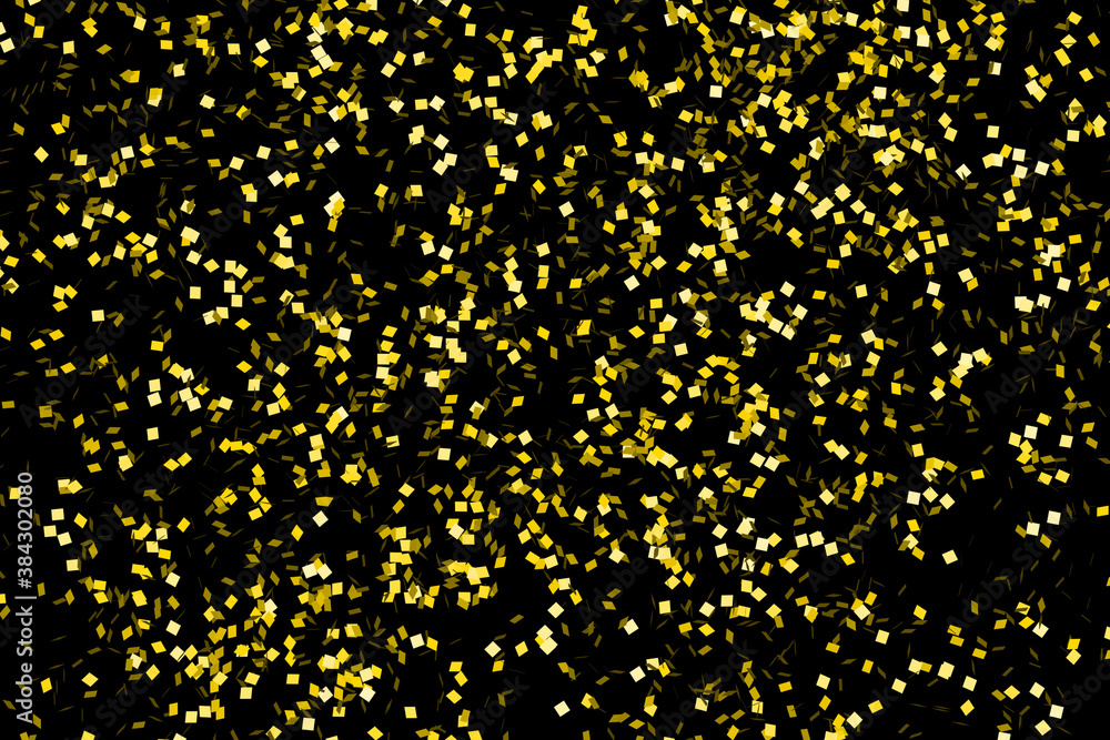 Golden confetti falling down on the black background