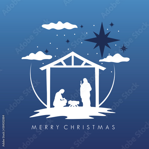 happy merry christmas manger scene with holy family in stable figures silhouette