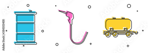 Set Barrel oil, Gasoline pump nozzle and Oil railway cistern icon. Vector.