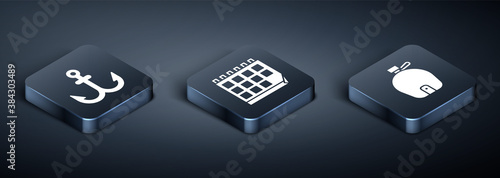 Set Isometric Anchor, Canteen water bottle and Calendar icon. Vector.