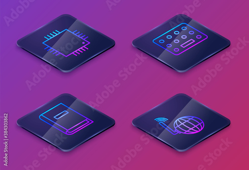 Set Isometric line Processor with microcircuits CPU, User manual, Pills in blister pack and Social network. Blue square button. Vector.