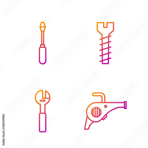 Set line Leaf garden blower, Adjustable wrench, Screwdriver and Metallic screw. Gradient color icons. Vector.