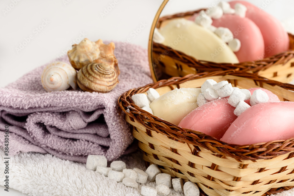 Toilet soap, foam, towel - Spa products. Hygiene and cleanliness of the body.