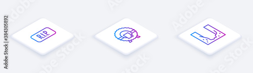 Set Isometric line Speech bubble rip death, Memorial wreath and Cemetery digged grave hole. White square button. Vector.