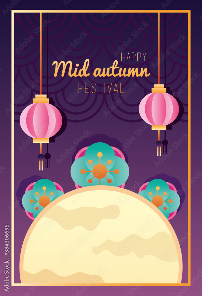 happy mid autumn festival lettering poster with moon and lantern