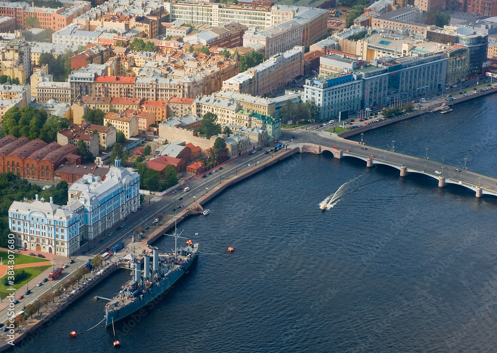 St. Petersburg - view from a helicopter to the Nakhimov School and the cruiser 