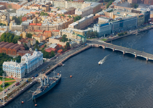 St. Petersburg - view from a helicopter to the Nakhimov School and the cruiser "Aurora".