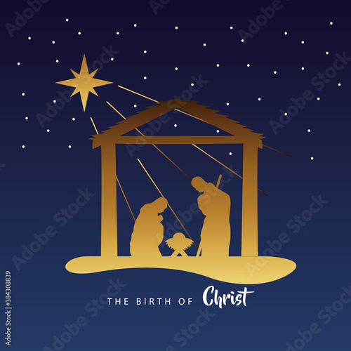 happy merry christmas manger scene with golden holy family in stable silhouette