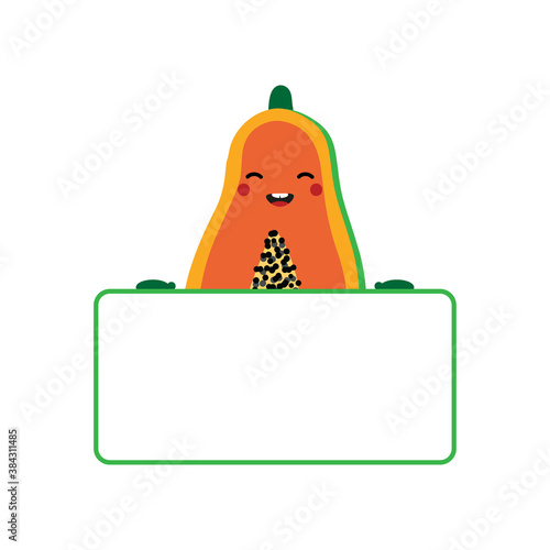 Cute cartoon papaya character holding in hands blank, empty card for quote or information.
