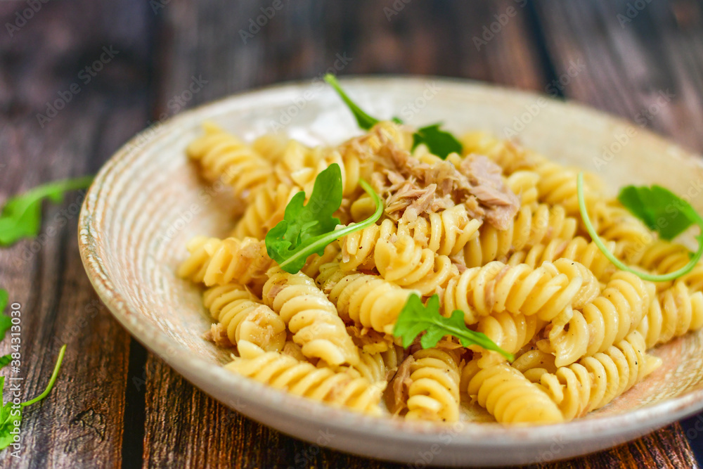Italian home made fusilli pasta with tuna. Healty vegetarian meal Italian home made fusilli pasta with tuna. Healty vegetarian meal