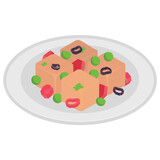 
Cubic meat pieces  and olives in a plate conceptualizing italian dish 
