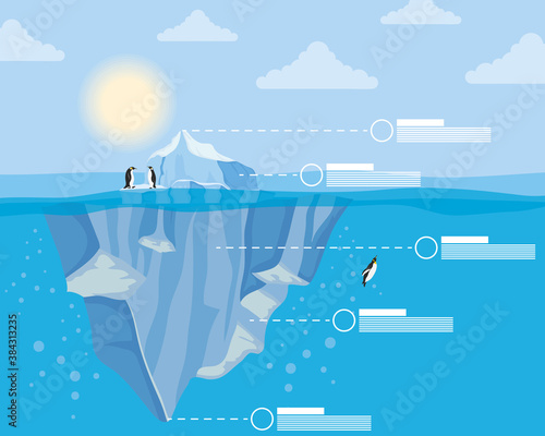 iceberg block arctic night scene with penguins swiming and infographics