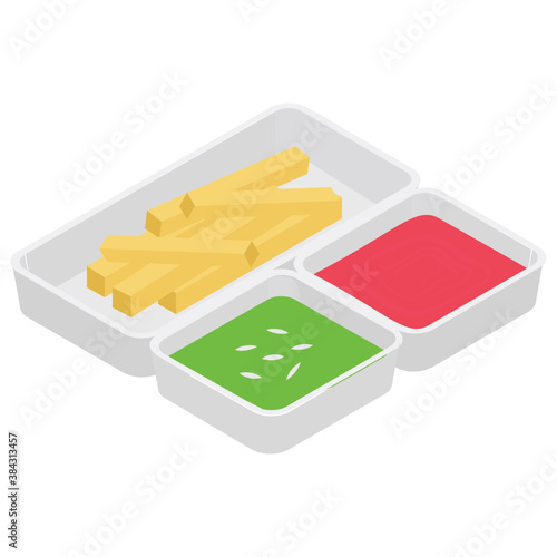 
French fries in a dish with sauces 
