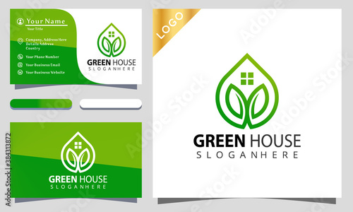Minimalist elegant drops green house leaf with line art style logo design inspiraton, business card template editable
