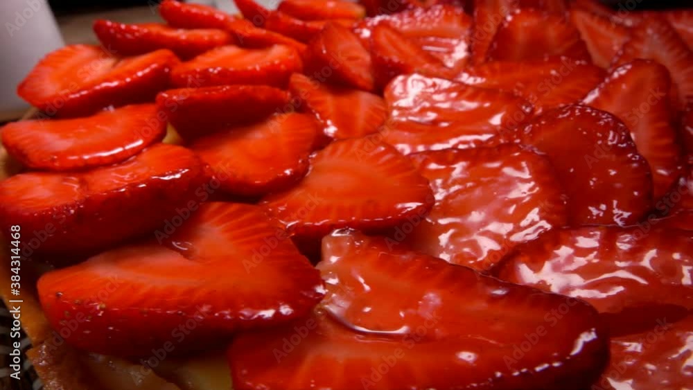 Close-up panorama of a strawberry pie with delicious strawberry slices on the plate Close-up panorama of a strawberry pie with delicious strawberry slices on the plate