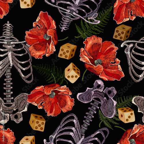 Embroidery. Red poppies flowers, human rib and dice. Casino background. Seamless pattern. Design of clothes, t-shirt design. Gambling art