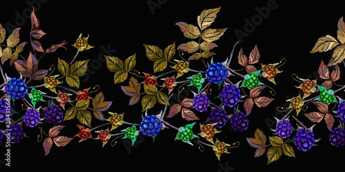 Blackberry fruit growing on branch. Horizontal seamless pattern. Embroidery. Fashion template for clothes, textiles and t-shirt design. Autumn harvest background