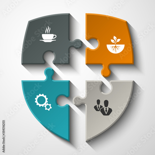 Puzzle shield presentation infographic template with explanatory text field for business statistics. illustration