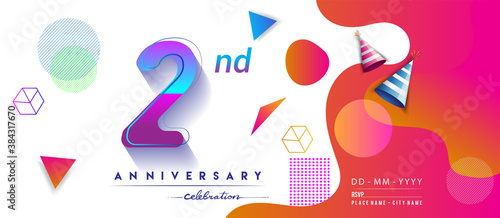 2nd years anniversary logo, vector design birthday celebration with colorful geometric background and circles shape.