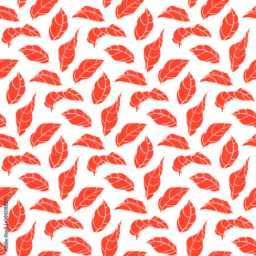 Hand drawn red seamless floral pattern with leaves. Outline wallpaper with foliage. Design element, graphic print, texture with a leaf for fabric, textile industry, home decor.