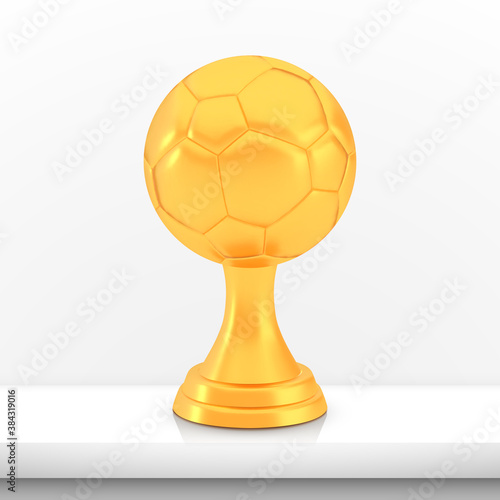 Winner football cup award, golden trophy logo isolated on white shelf table background
