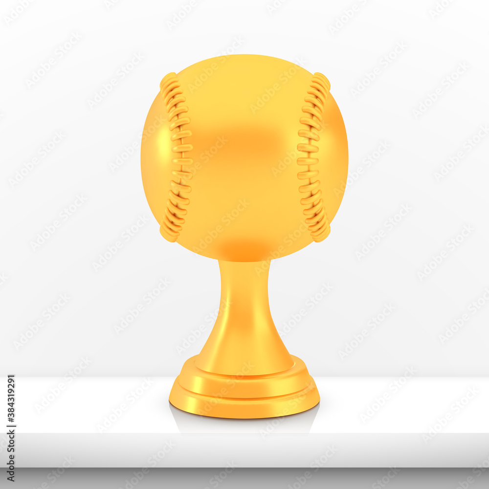 Winner baseball cup award, golden trophy logo isolated on white shelf table background Winner baseball cup award, golden trophy logo isolated on white shelf table background